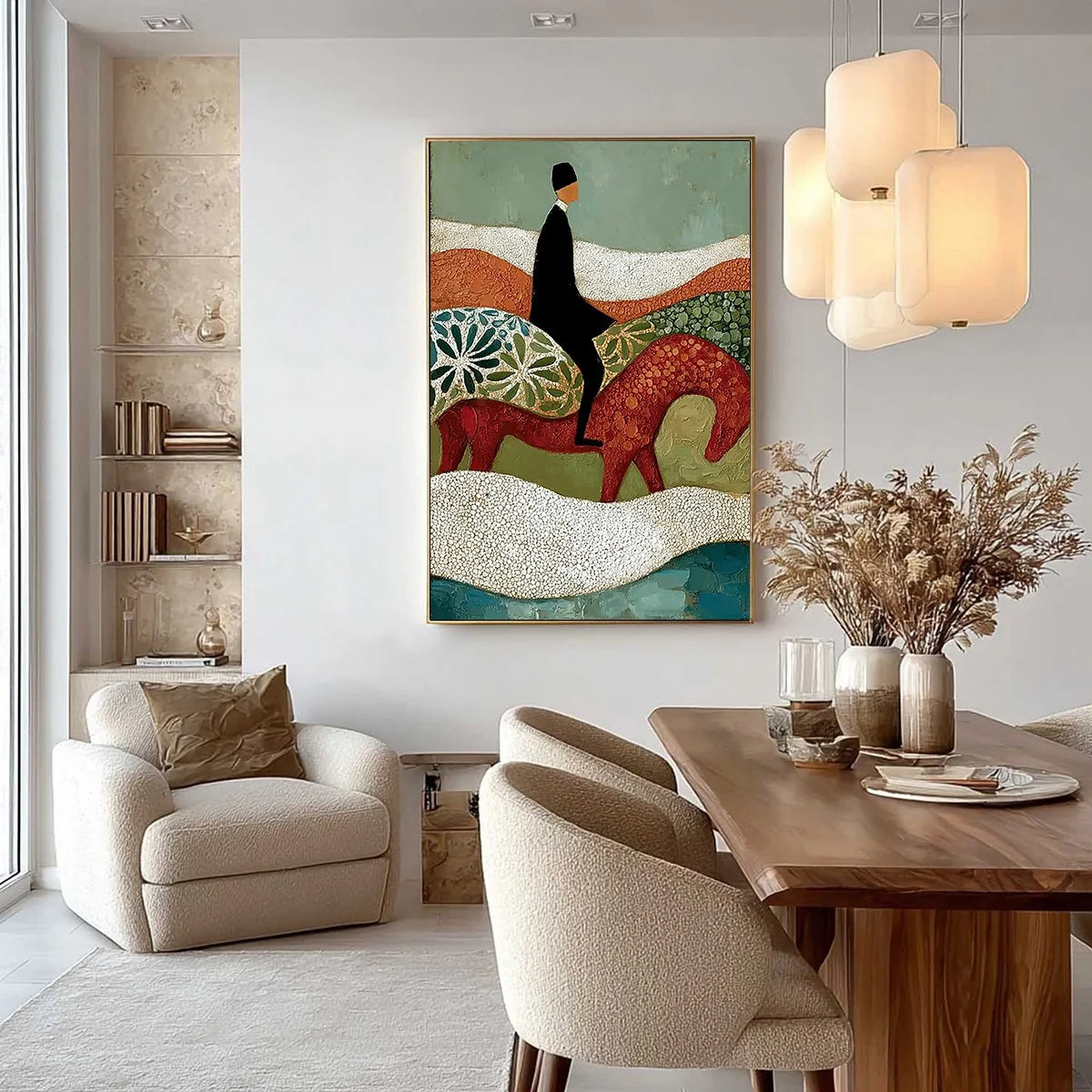 THE SILENT JOURNEY: Textured Boho Figurative Painting of a Traveler's Journey | black frame version on white wall