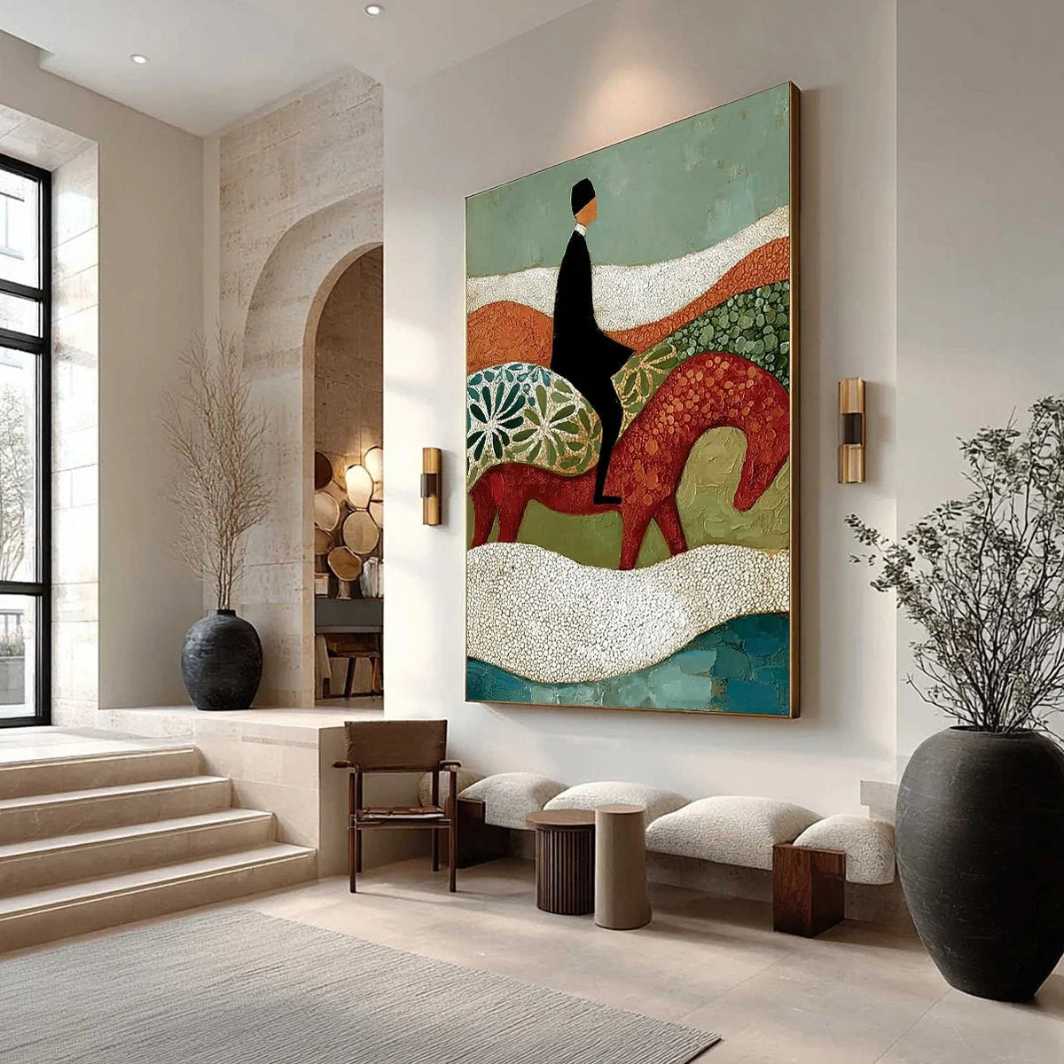THE SILENT JOURNEY: Textured Boho Figurative Painting of a Traveler's Journey | Figurative mood, soft natural light studio shot