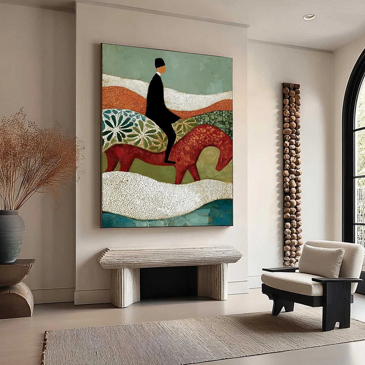 THE SILENT JOURNEY: Textured Boho Figurative Painting of a Traveler's Journey | multi-color palette, original oil on stretched canvas art