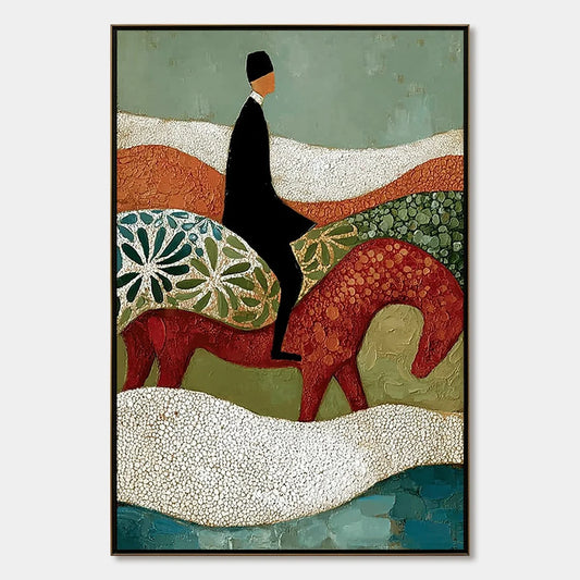 THE SILENT JOURNEY: Textured Boho Figurative Painting of a Traveler's Journey | hanging in living room, Figurative wall art