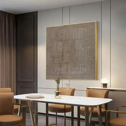 TEXTURED BROWN GRID: Minimalist Textured Painting | gold frame stretched on neutral wall