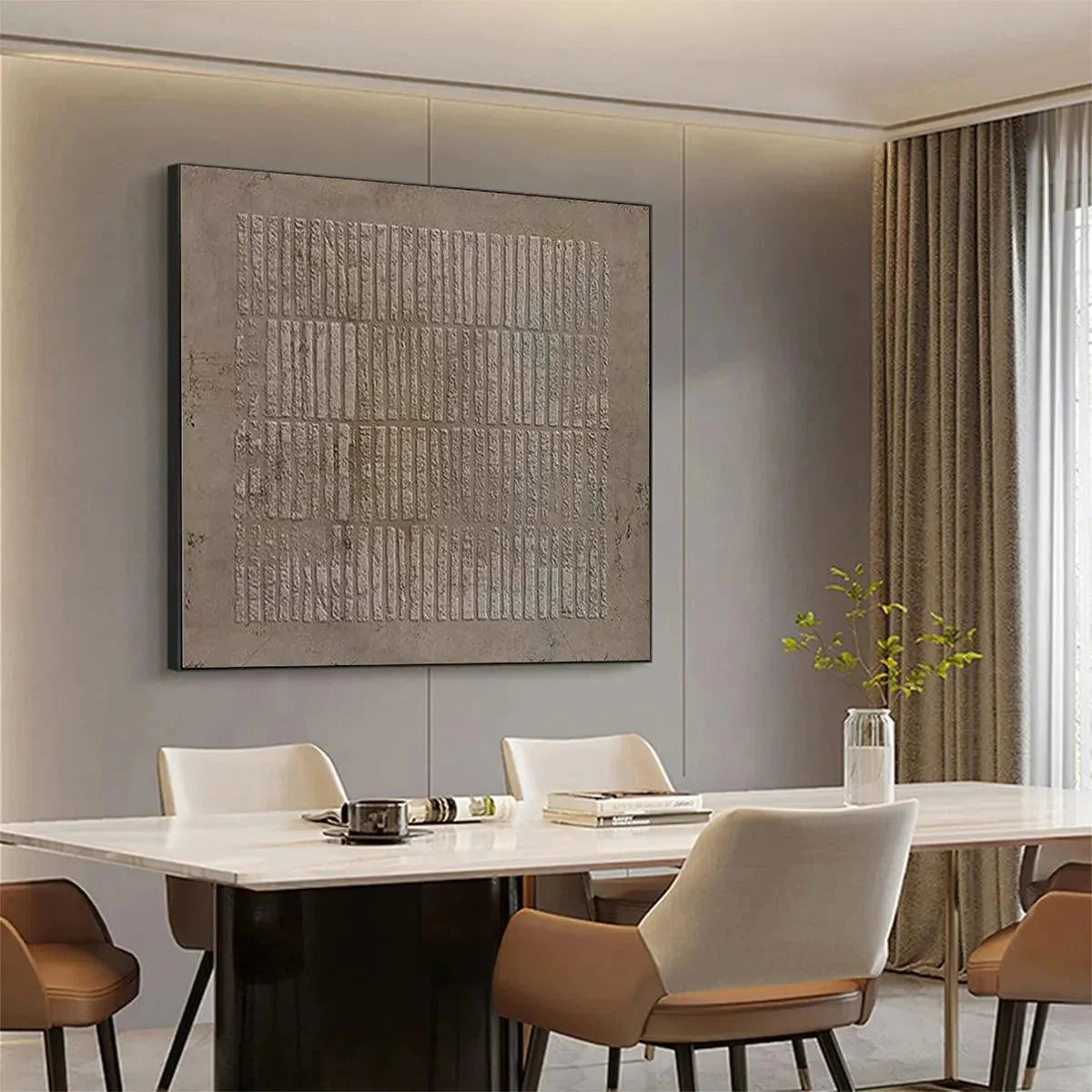 TEXTURED BROWN GRID: Minimalist Textured Painting | black frame version on white wall