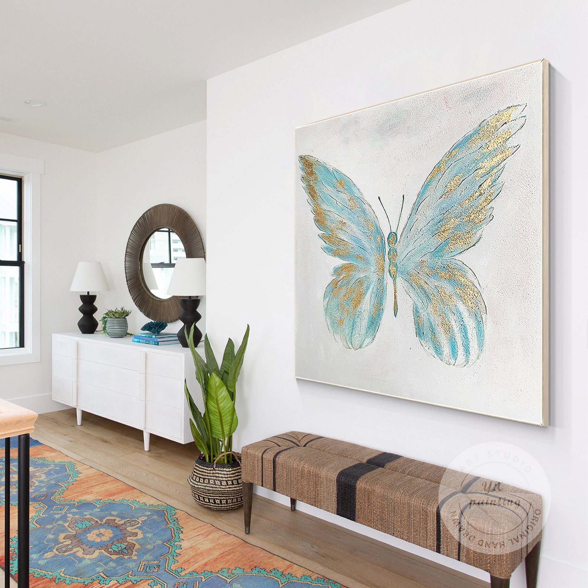 Textured Butterfly Painting: Light Blue & Gold Acrylic Wall Art #2