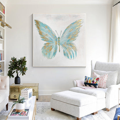 Textured Butterfly Painting: Light Blue & Gold Acrylic Wall Art #3