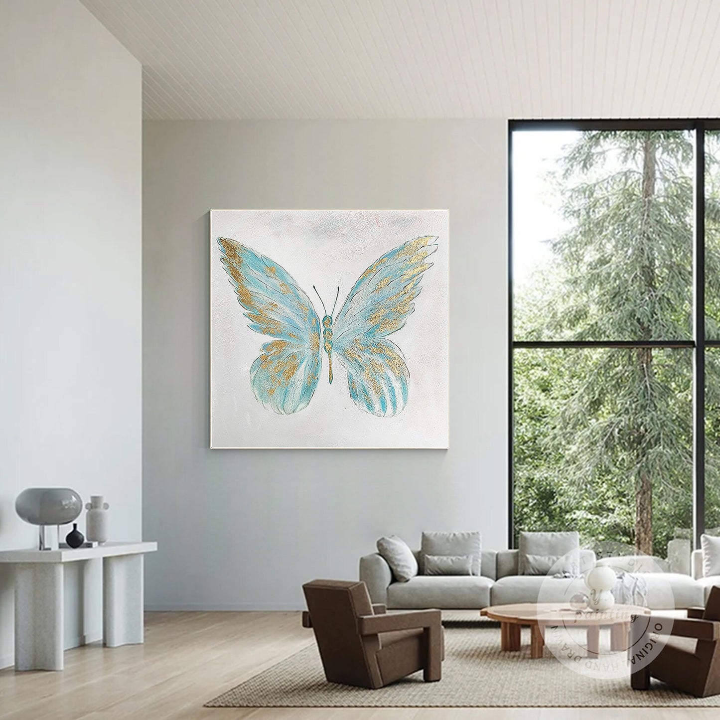Textured Butterfly Painting: Light Blue & Gold Acrylic Wall Art #4