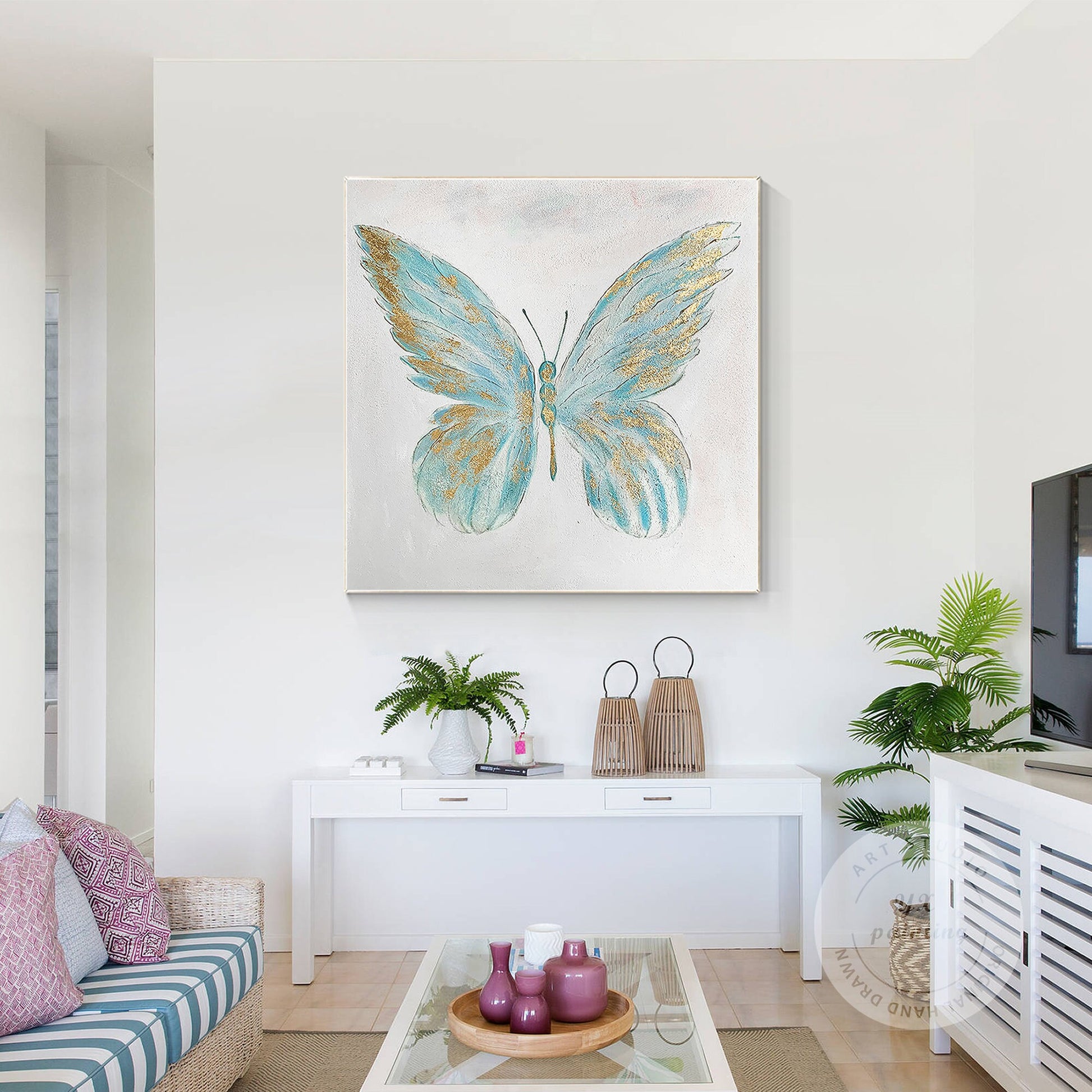 Textured Butterfly Painting: Light Blue & Gold Acrylic Wall Art #5