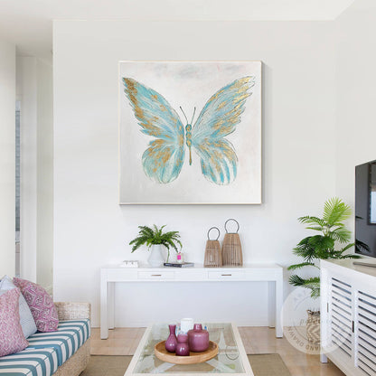 Textured Butterfly Painting: Light Blue & Gold Acrylic Wall Art #5