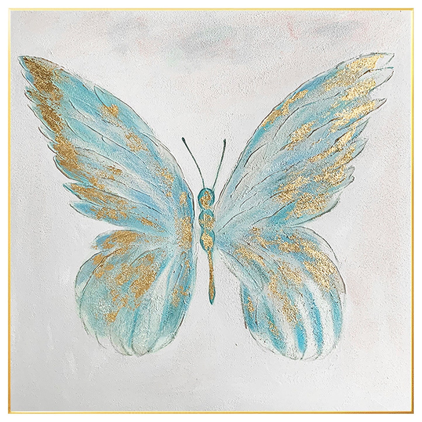 Textured Butterfly Painting: Light Blue & Gold Acrylic Wall Art #7