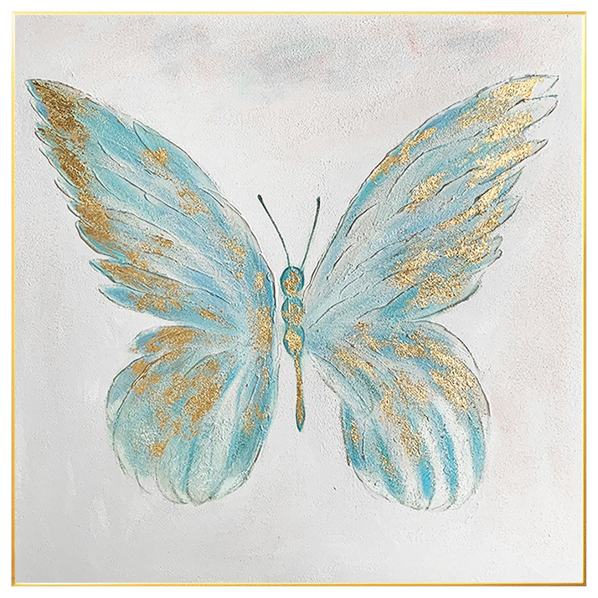Textured Butterfly Painting: Light Blue & Gold Acrylic Wall Art #7
