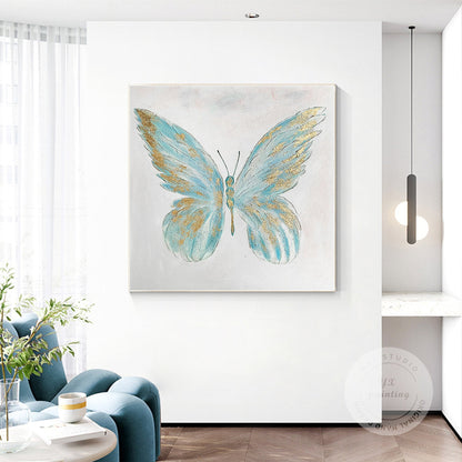 Textured Butterfly Painting: Light Blue & Gold Acrylic Wall Art #1