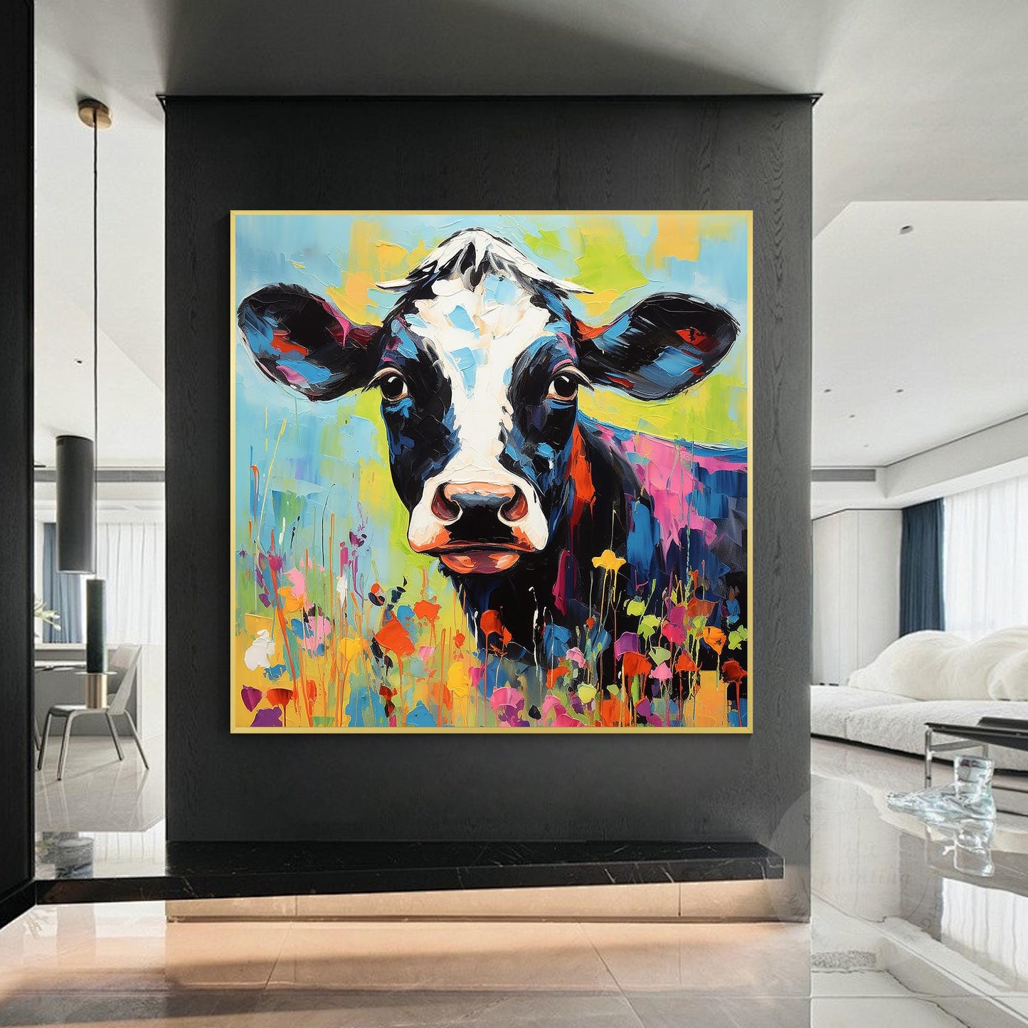 Textured Calf Painting Colorful Flowers, Original Oil Painting On Canvas, Extra  #2