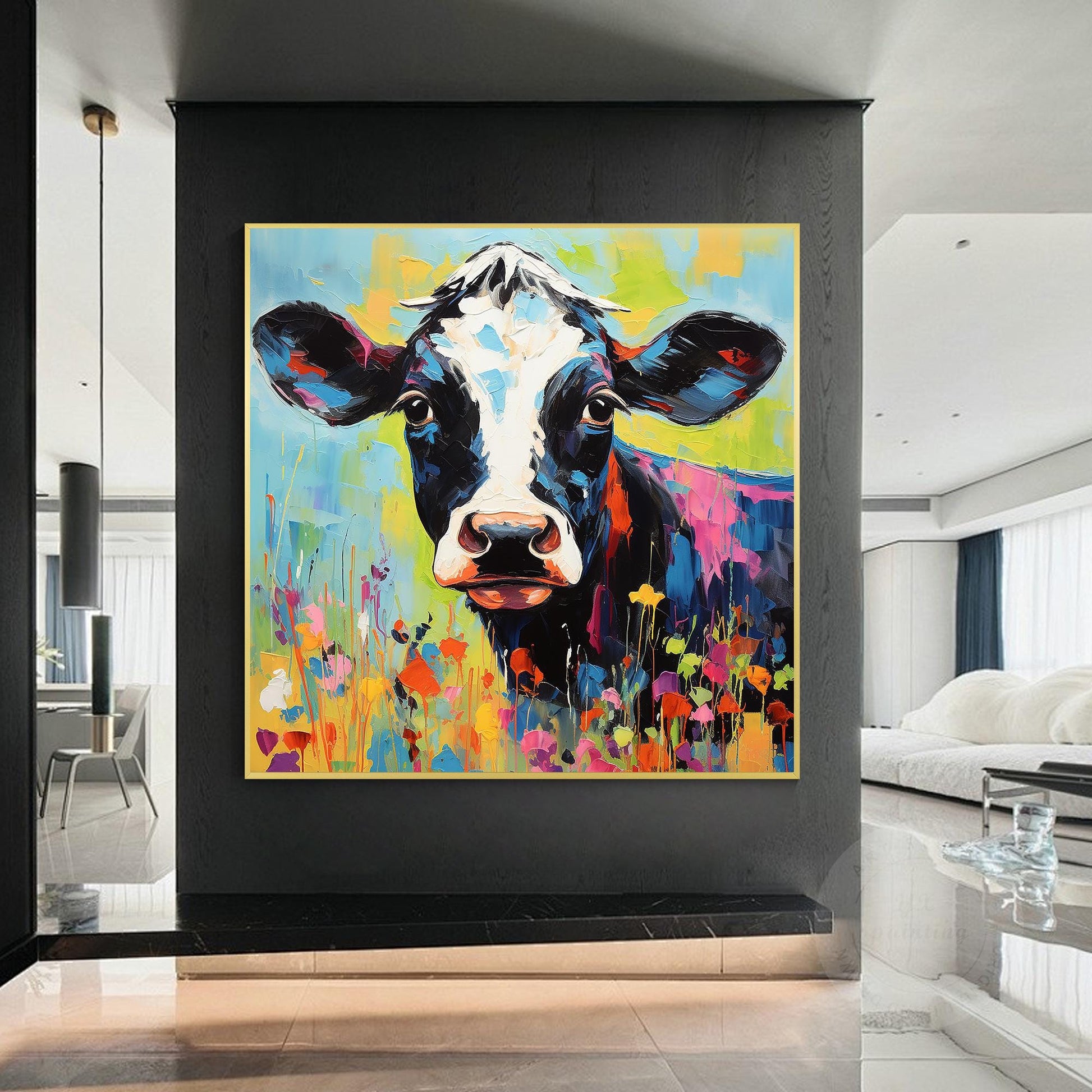 Textured Calf Painting Colorful Flowers, Original Oil Painting On Canvas, Extra  #2