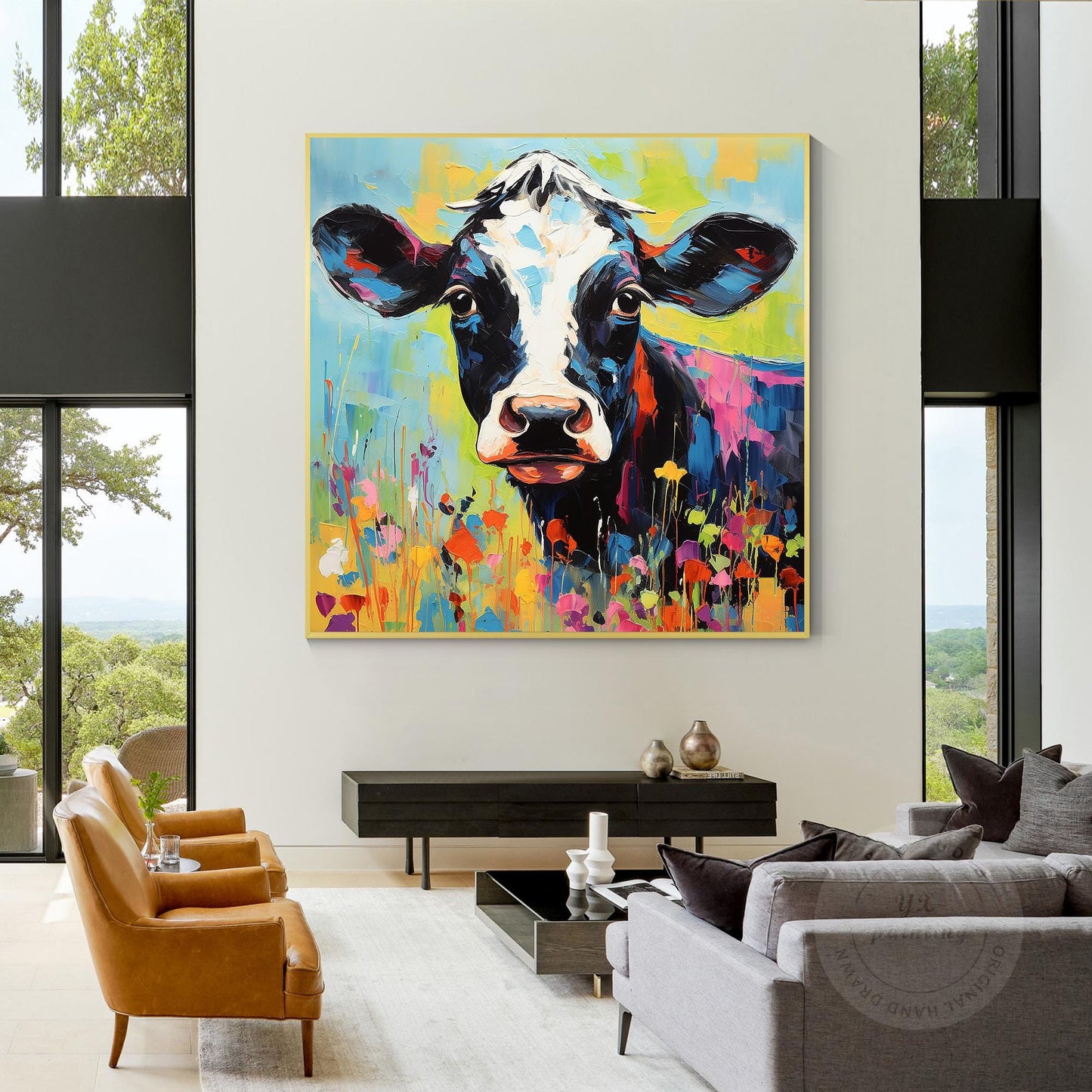 Textured Calf Painting Colorful Flowers, Original Oil Painting On Canvas, Extra  #3