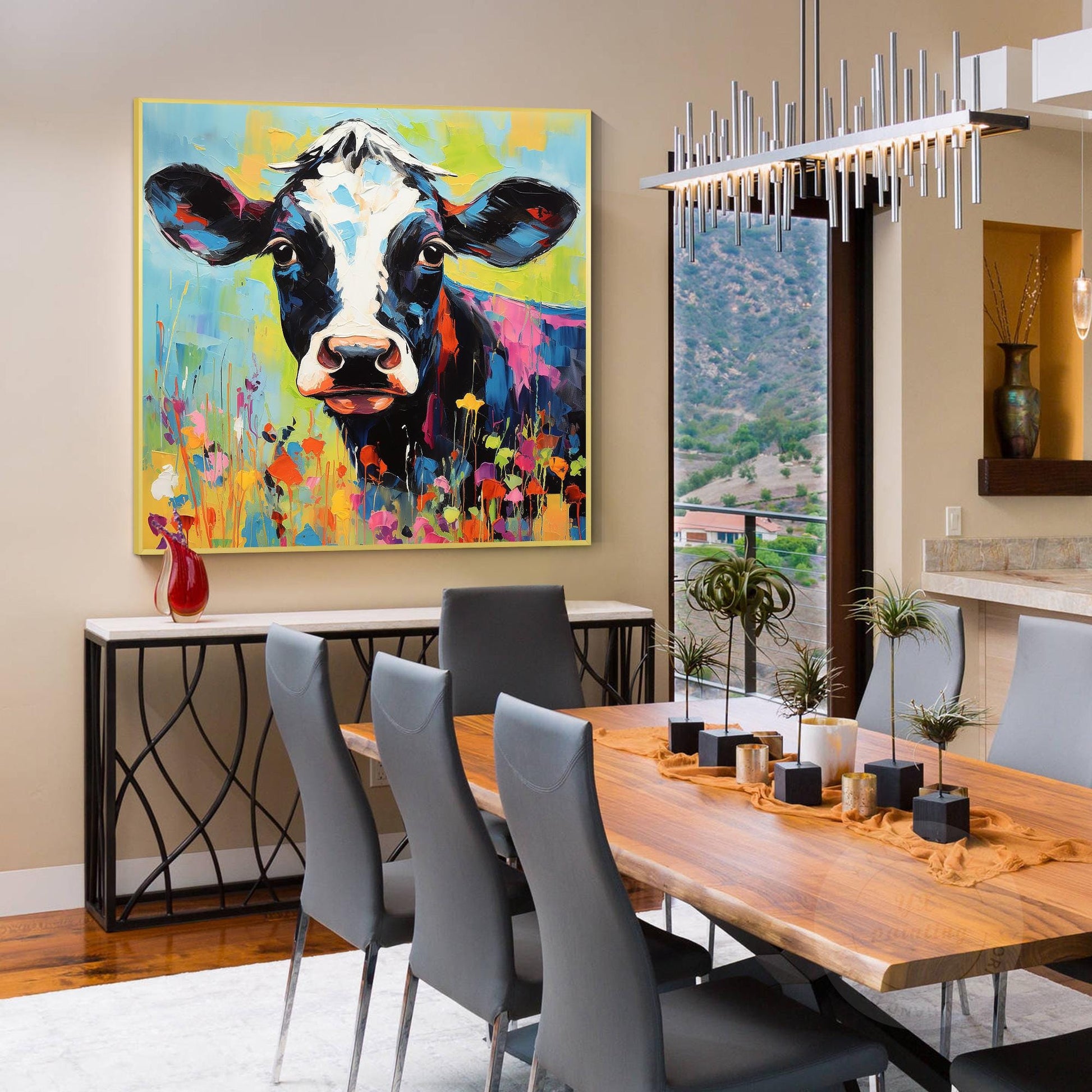 Textured Calf Painting Colorful Flowers, Original Oil Painting On Canvas, Extra  #5