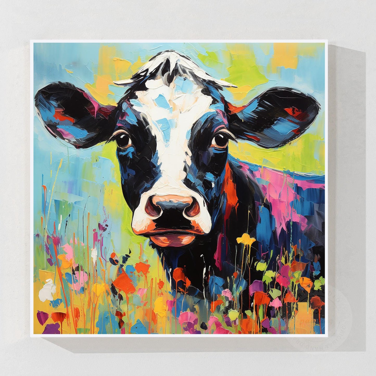 Textured Calf Painting Colorful Flowers, Original Oil Painting On Canvas, Extra  #7