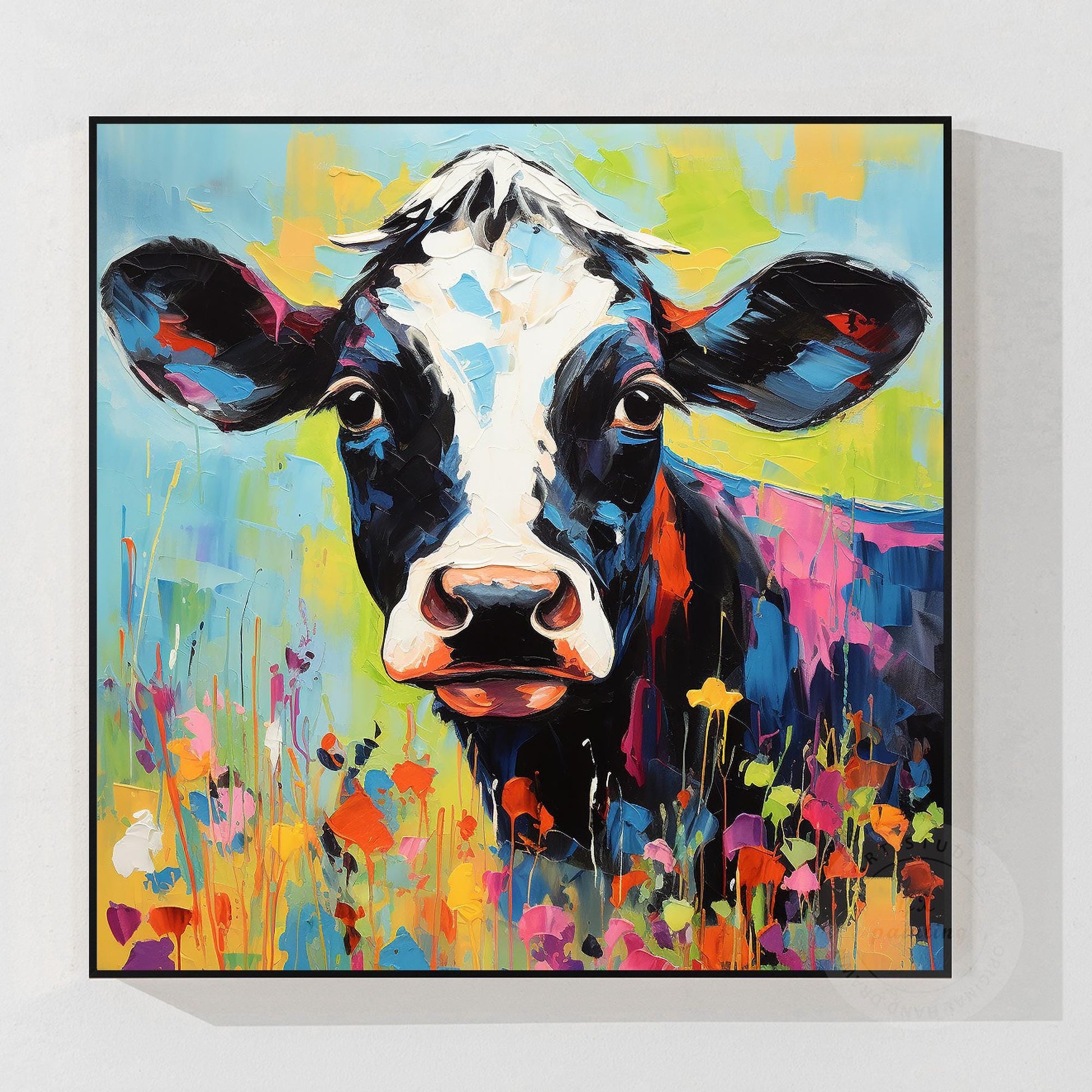 Textured Calf Painting Colorful Flowers, Original Oil Painting On Canvas, Extra  #8
