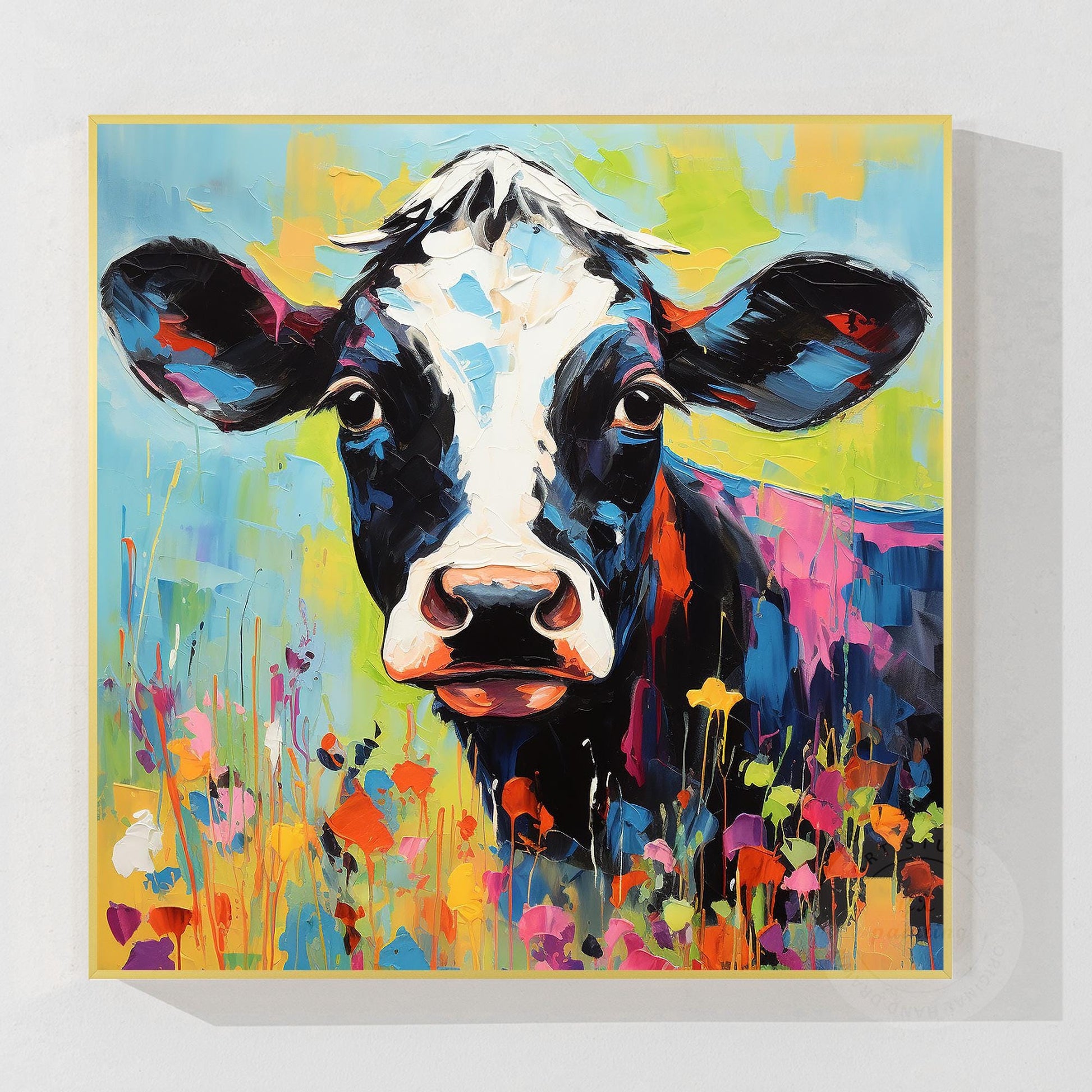 Textured Calf Painting Colorful Flowers, Original Oil Painting On Canvas, Extra  #9