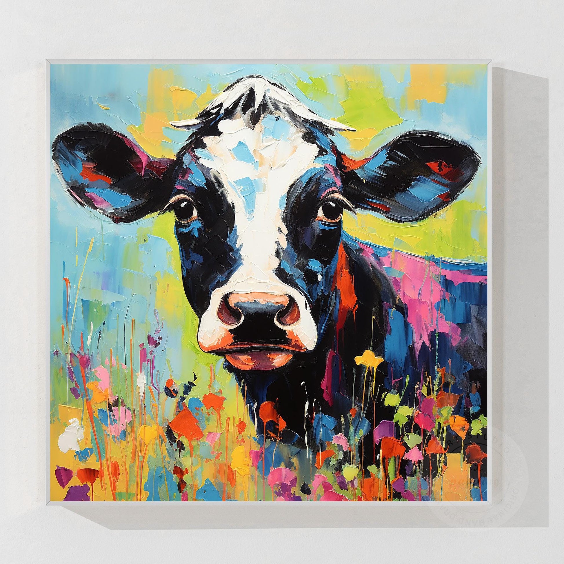 Textured Calf Painting Colorful Flowers, Original Oil Painting On Canvas, Extra  #10