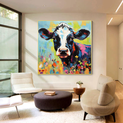 Textured Calf Painting Colorful Flowers, Original Oil Painting On Canvas, Extra  #1