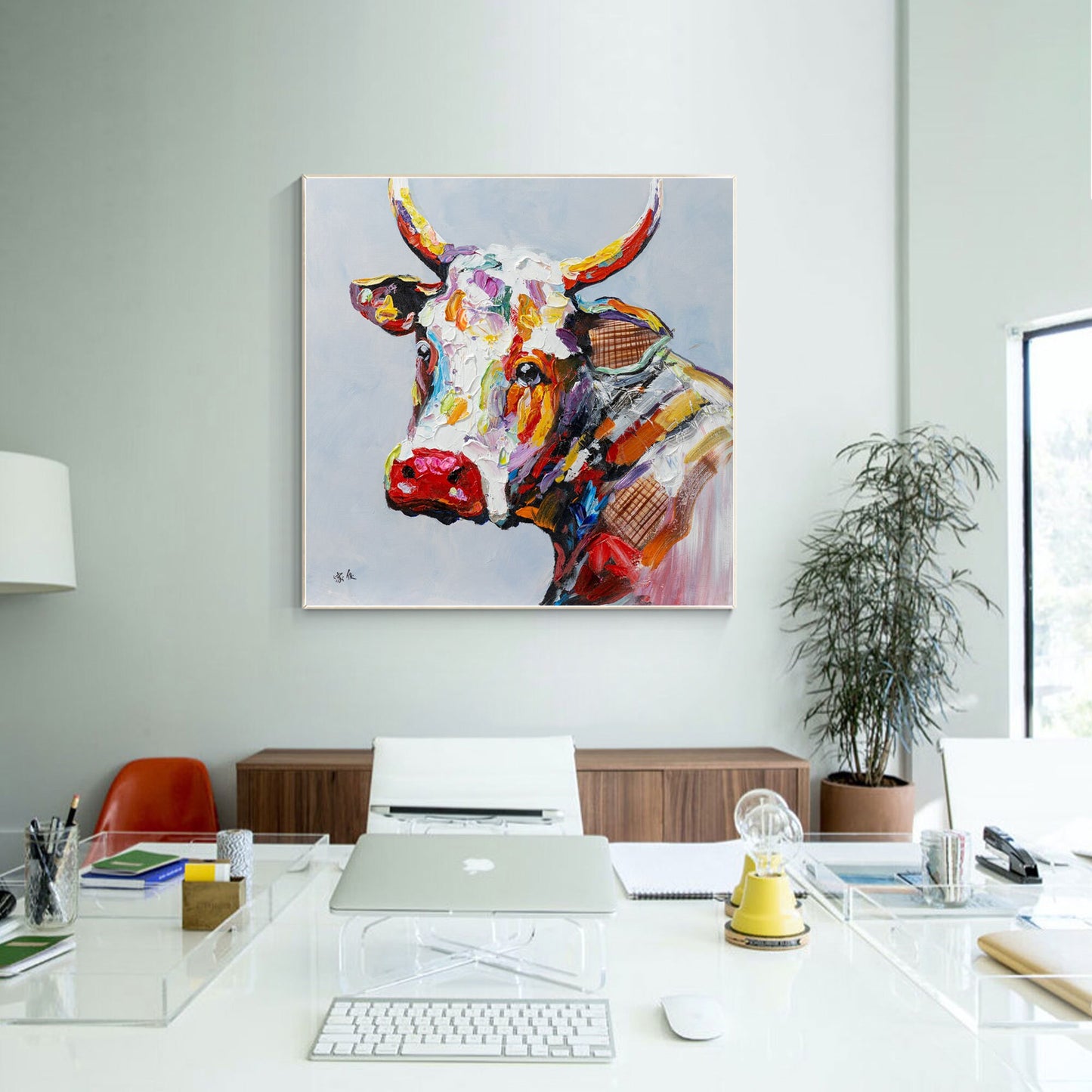 Textured Cow Painting: Extra Large Framed Farmhouse Wall Art #4