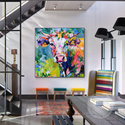 Textured Cow Portrait Painting: Colorful Farmhouse Animal Wall Art #3