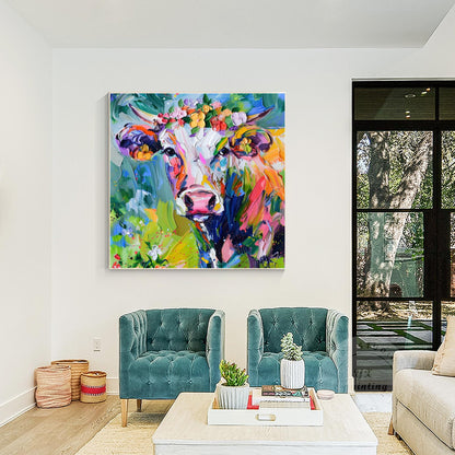 Textured Cow Portrait Painting: Colorful Farmhouse Animal Wall Art #5