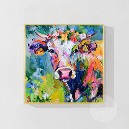 Textured Cow Portrait Painting: Colorful Farmhouse Animal Wall Art #8