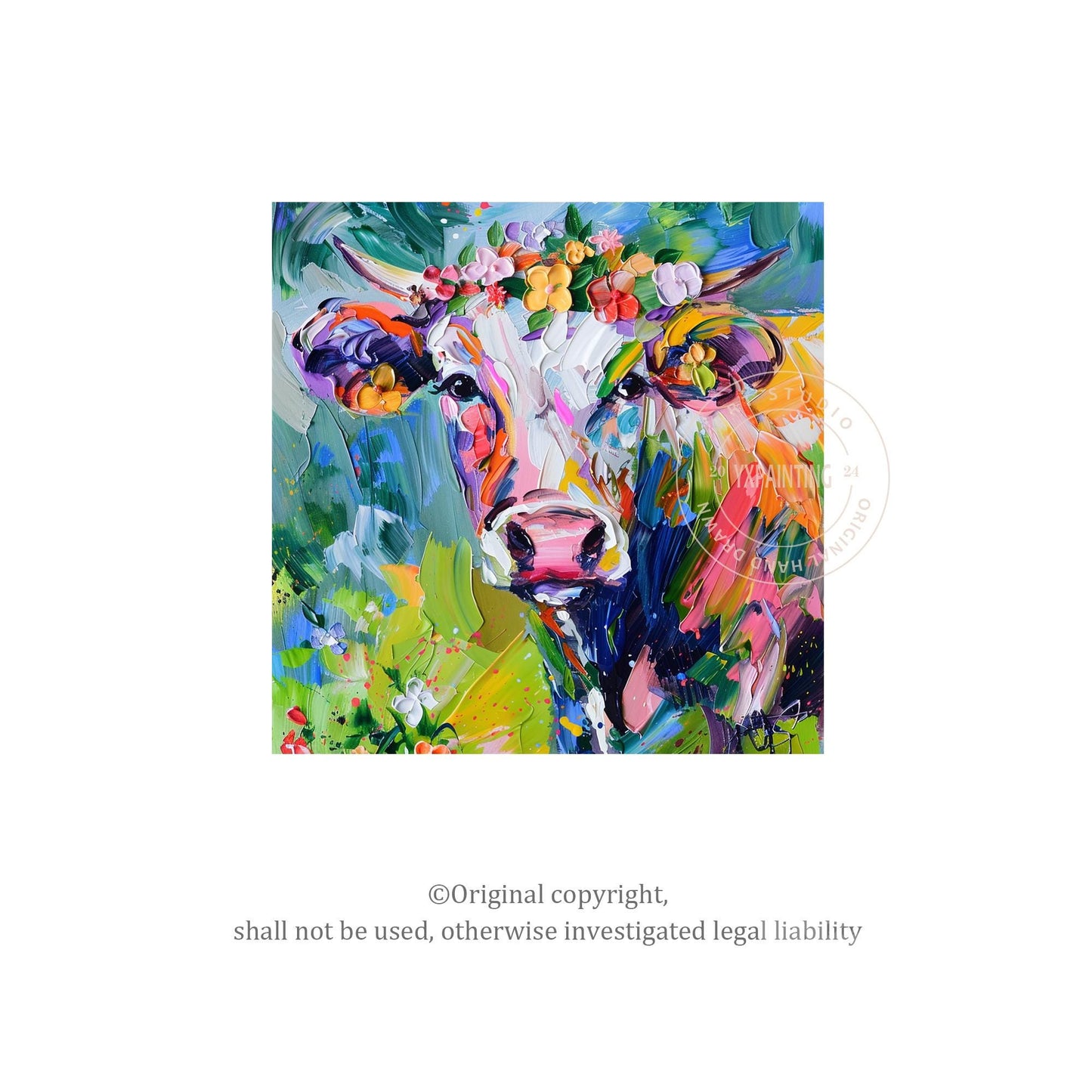 Textured Cow Portrait Painting: Colorful Farmhouse Animal Wall Art #9