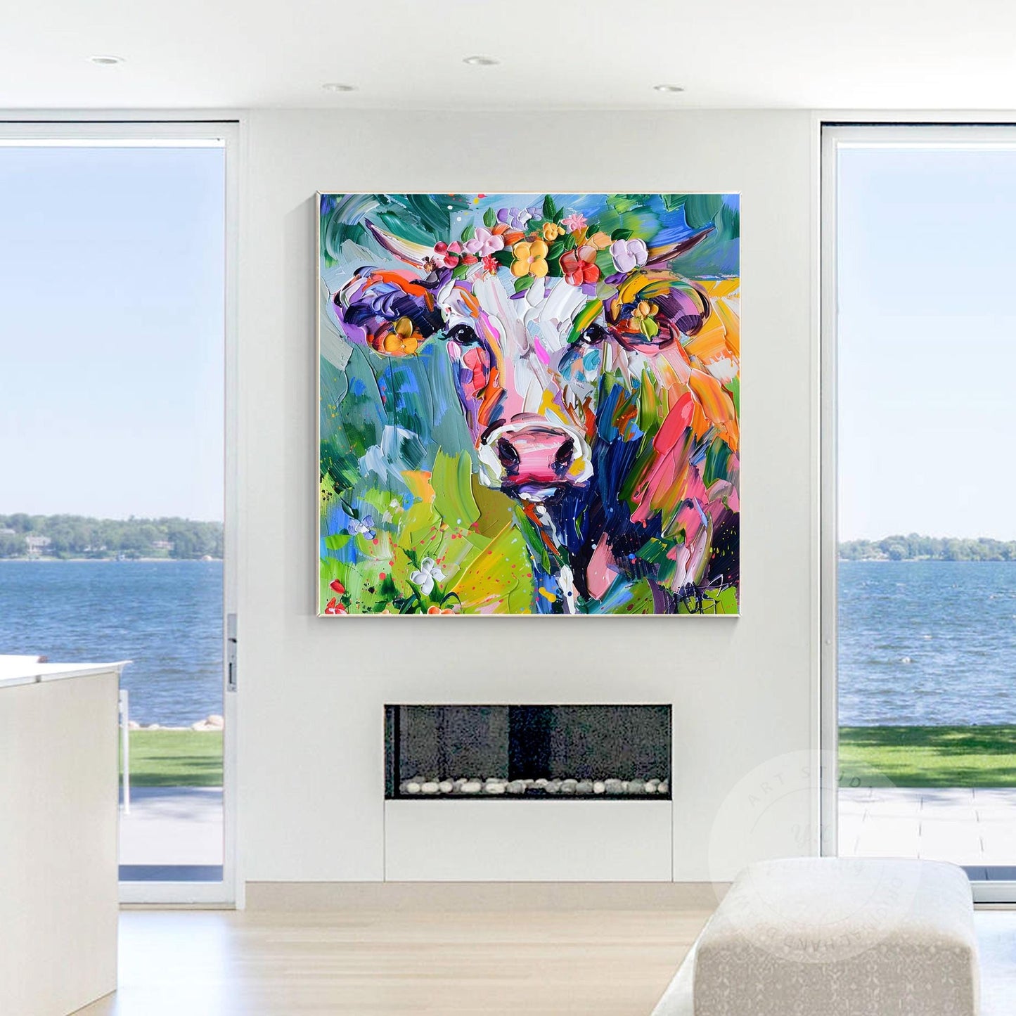 Textured Cow Portrait Painting: Colorful Farmhouse Animal Wall Art #1