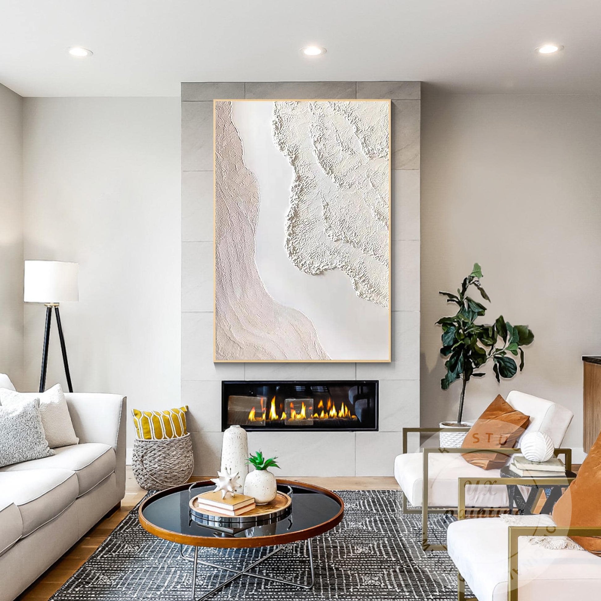 Textured Cream White Abstract Painting, 3D Plaster Wave Art on Canvas, Minimalis #2