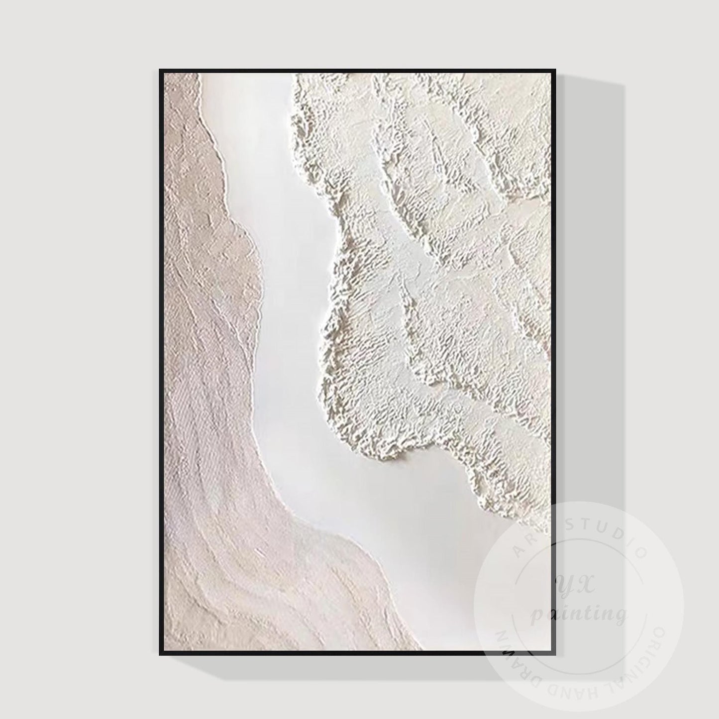 Textured Cream White Abstract Painting, 3D Plaster Wave Art on Canvas, Minimalis #11