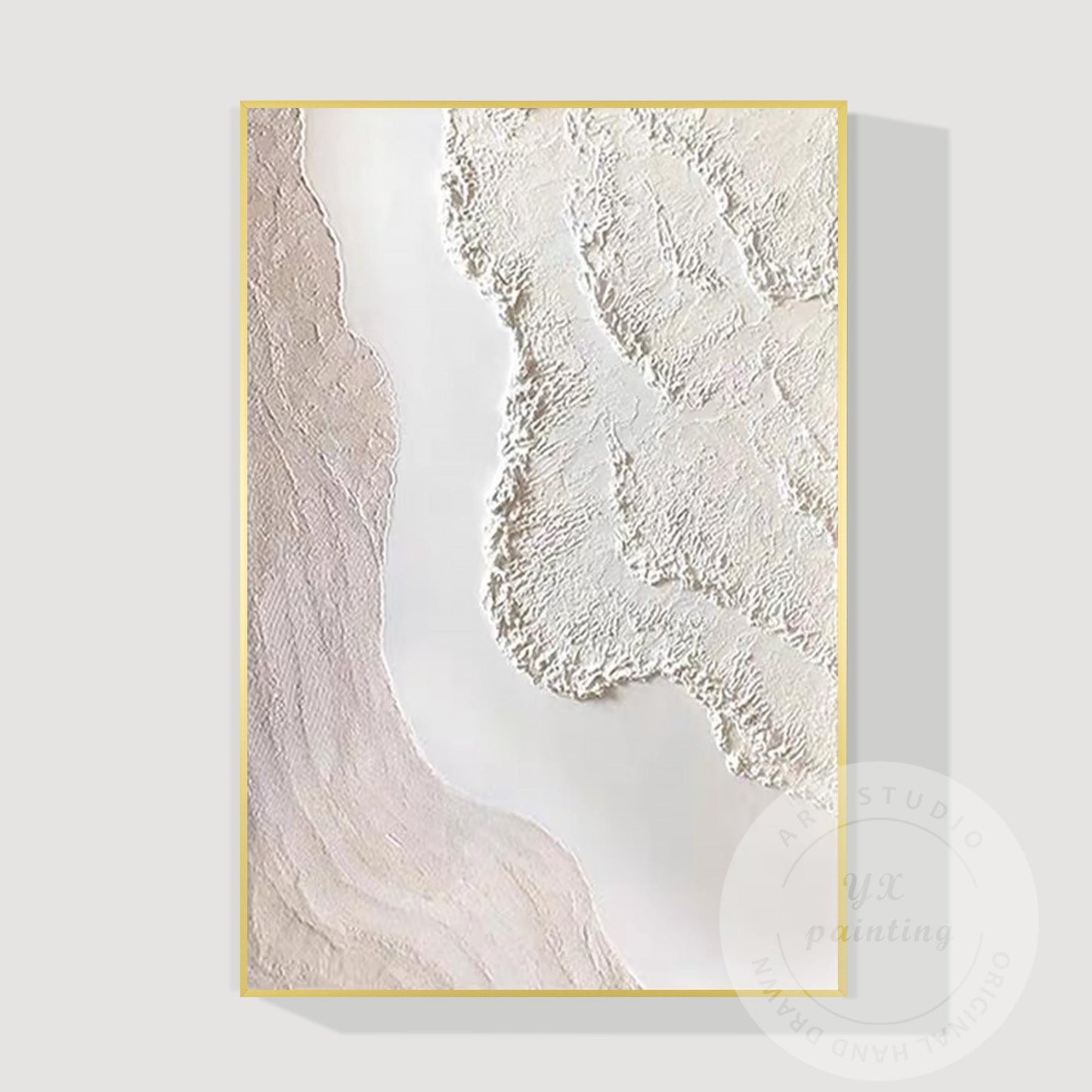 Textured Cream White Abstract Painting, 3D Plaster Wave Art on Canvas, Minimalis #13