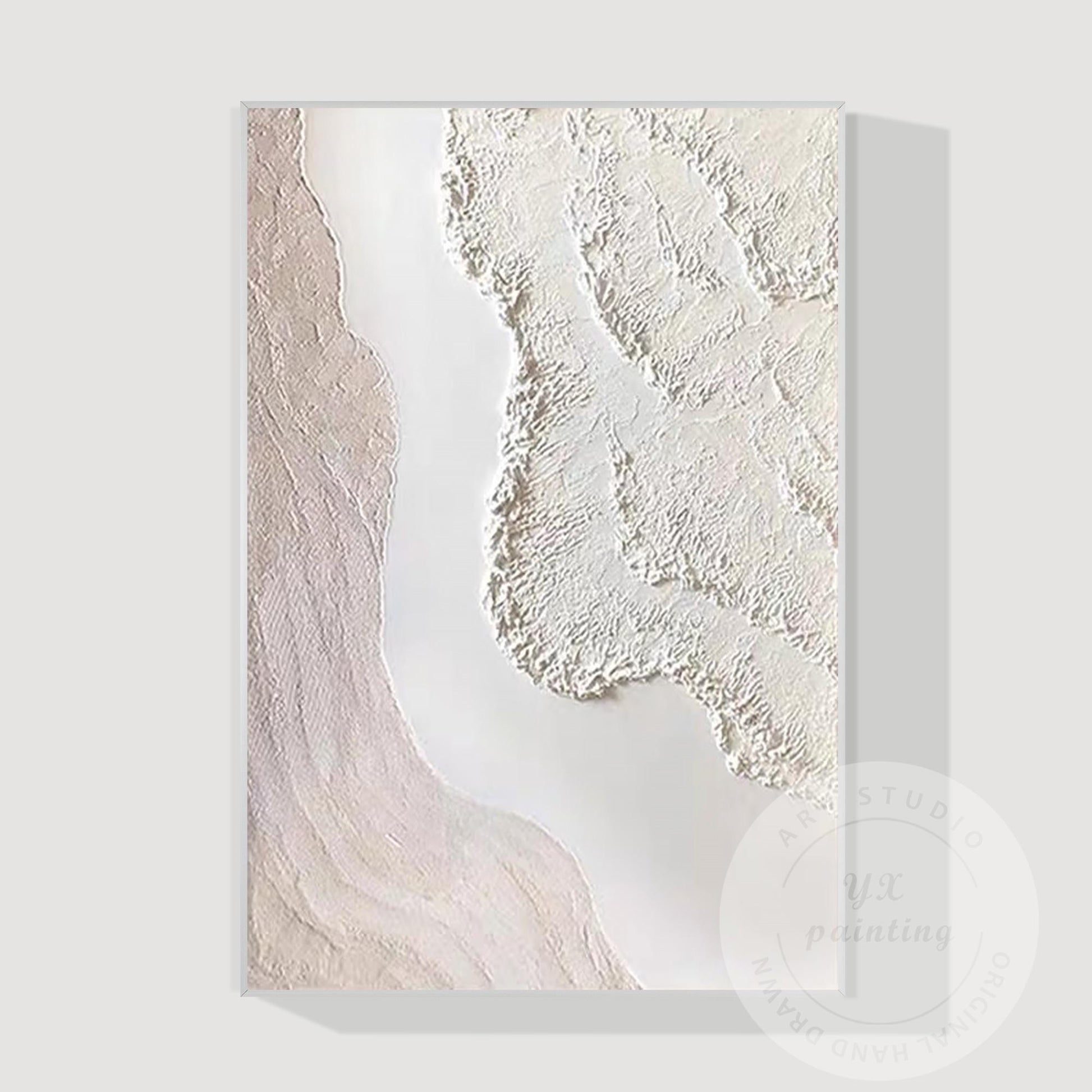 Textured Cream White Abstract Painting, 3D Plaster Wave Art on Canvas, Minimalis #14