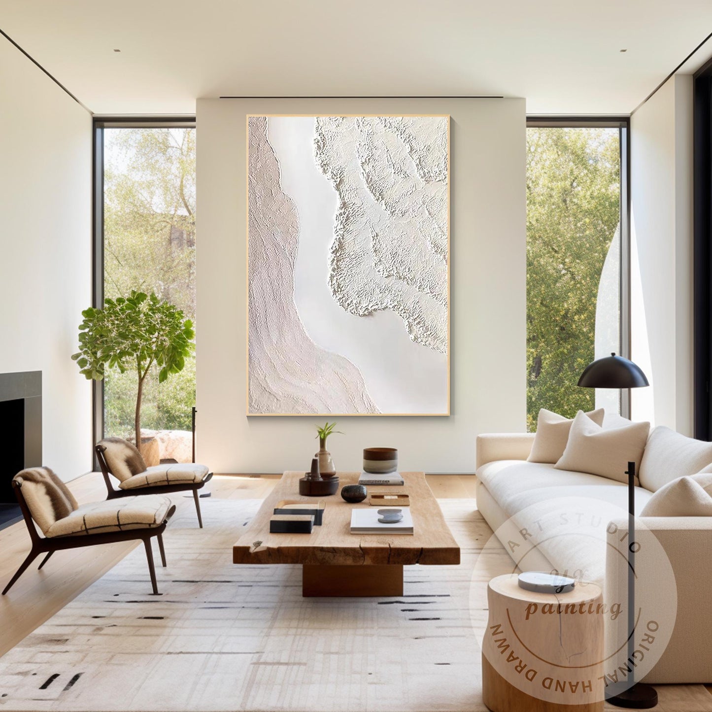 Textured Cream White Abstract Painting, 3D Plaster Wave Art on Canvas, Minimalis #3