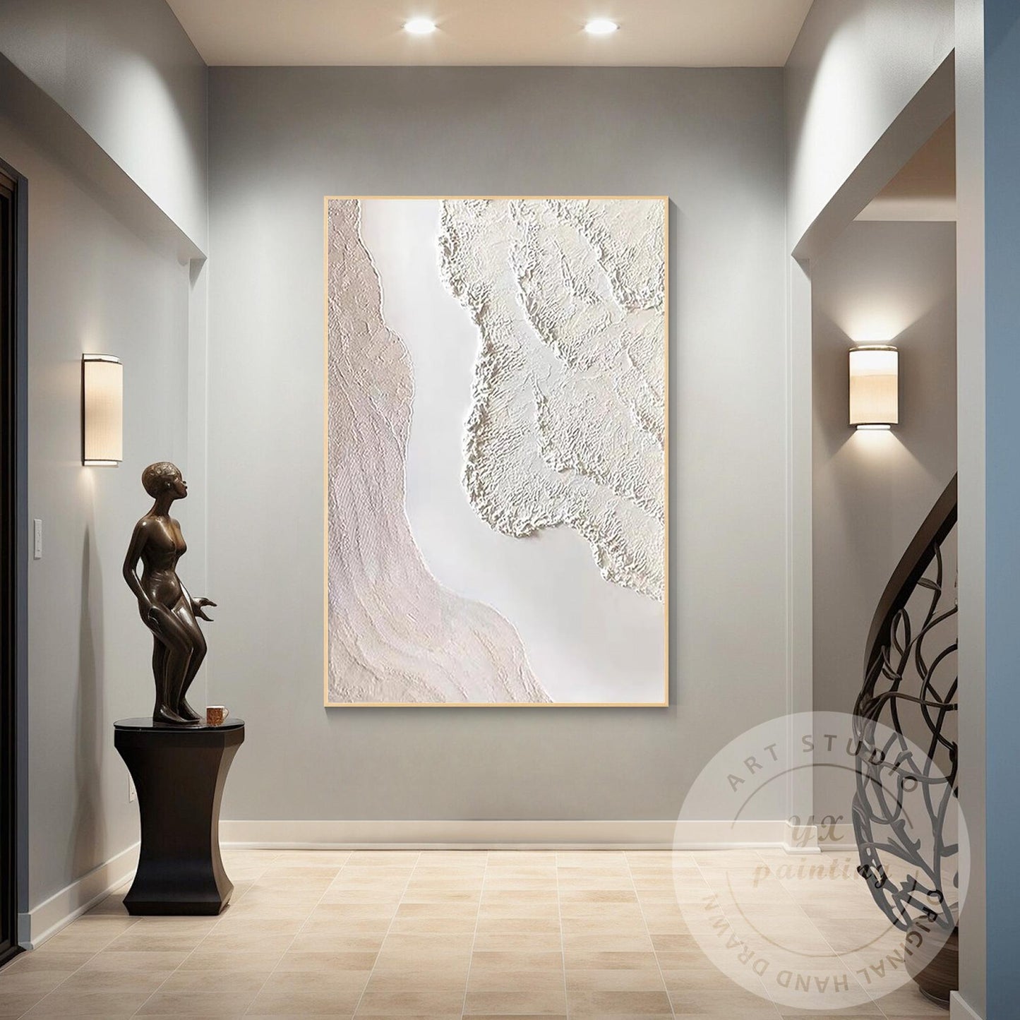Textured Cream White Abstract Painting, 3D Plaster Wave Art on Canvas, Minimalis #4
