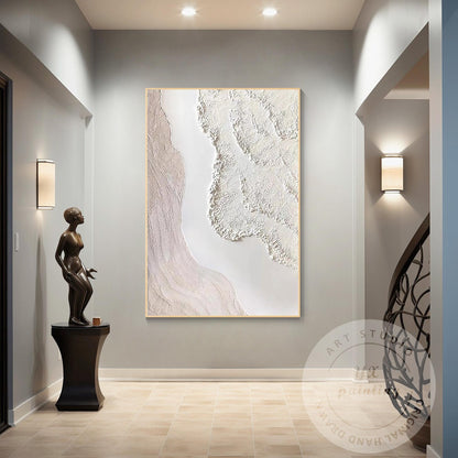 Textured Cream White Abstract Painting, 3D Plaster Wave Art on Canvas, Minimalis #4