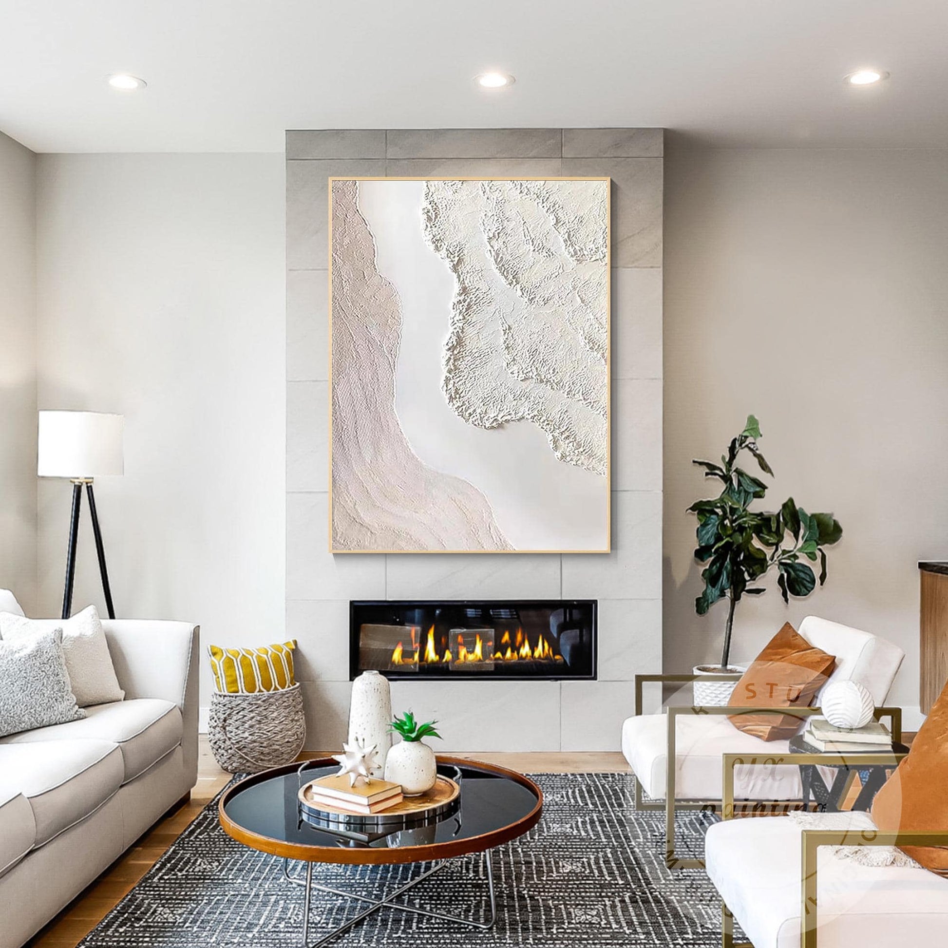 Textured Cream White Abstract Painting, 3D Plaster Wave Art on Canvas, Minimalis #5