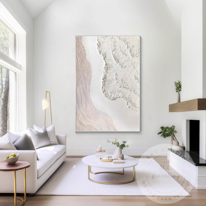 Textured Cream White Abstract Painting, 3D Plaster Wave Art on Canvas, Minimalis #6