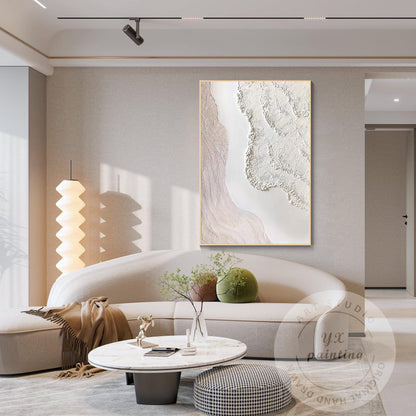 Textured Cream White Abstract Painting, 3D Plaster Wave Art on Canvas, Minimalis #7