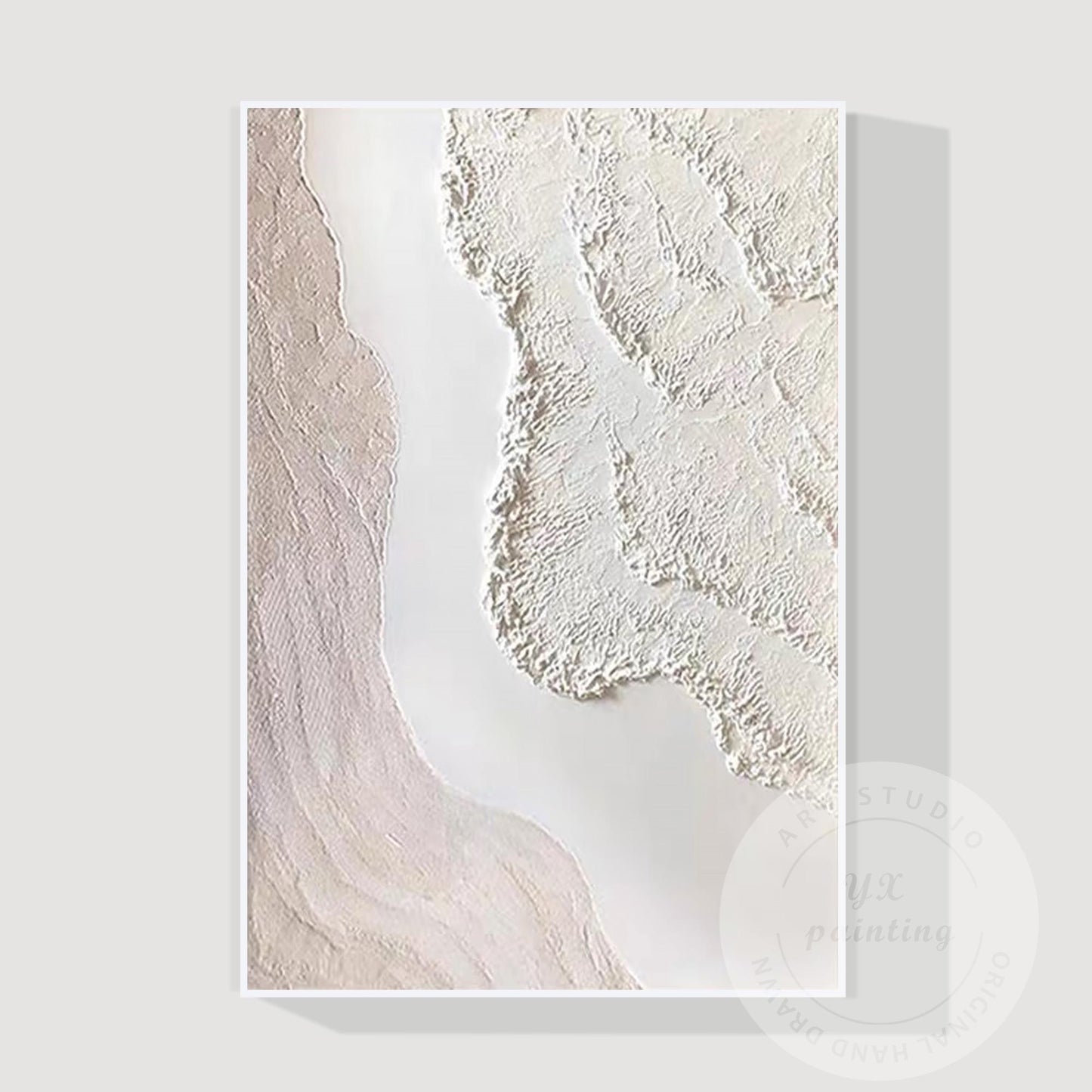 Textured Cream White Abstract Painting, 3D Plaster Wave Art on Canvas, Minimalis #10
