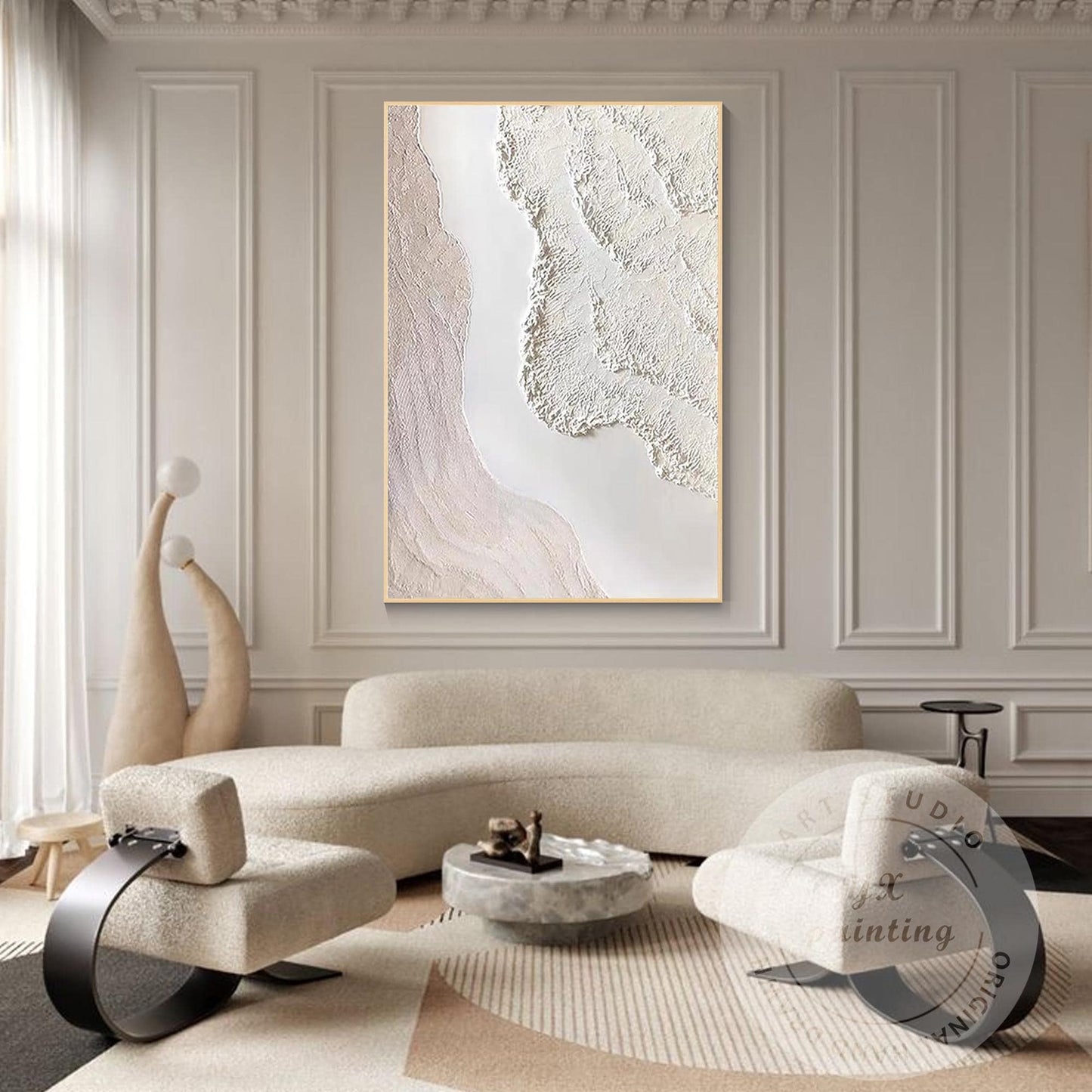 Textured Cream White Abstract Painting, 3D Plaster Wave Art on Canvas, Minimalis #1