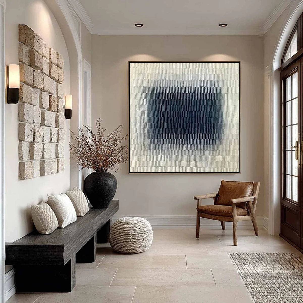 TEXTURED DEPTHS: Minimalist Textured Abstract Painting | gold frame stretched on neutral wall