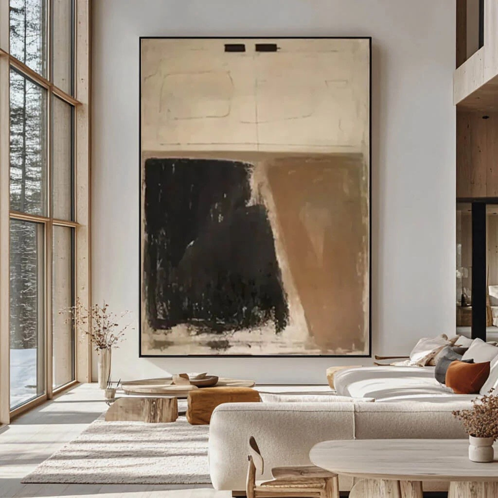 Close view of Textured Earth Tone Abstract Art Brown & Black Painting showing raised texture, layered brushwork, and tactile canvas detail for neutral home decor.