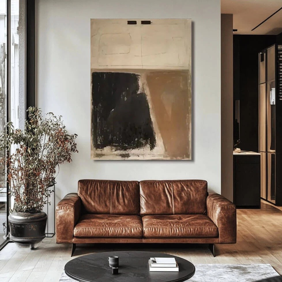 Textured Earth Tone Abstract Art Brown & Black Painting styled in a refined neutral room setting to show wall scale, calm proportion, and interior decor mood.