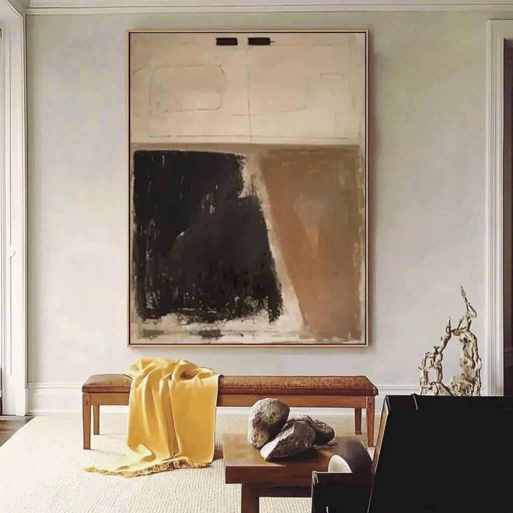 Textured Earth Tone Abstract Art Brown & Black Painting styled in a refined neutral room setting to show wall scale, calm proportion, and interior decor mood.