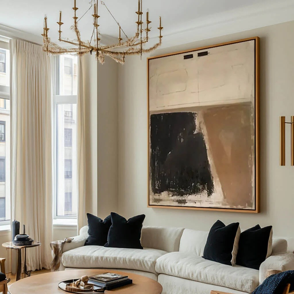 Textured Earth Tone Abstract Art Brown & Black Painting styled in a refined neutral room setting to show wall scale, calm proportion, and interior decor mood.