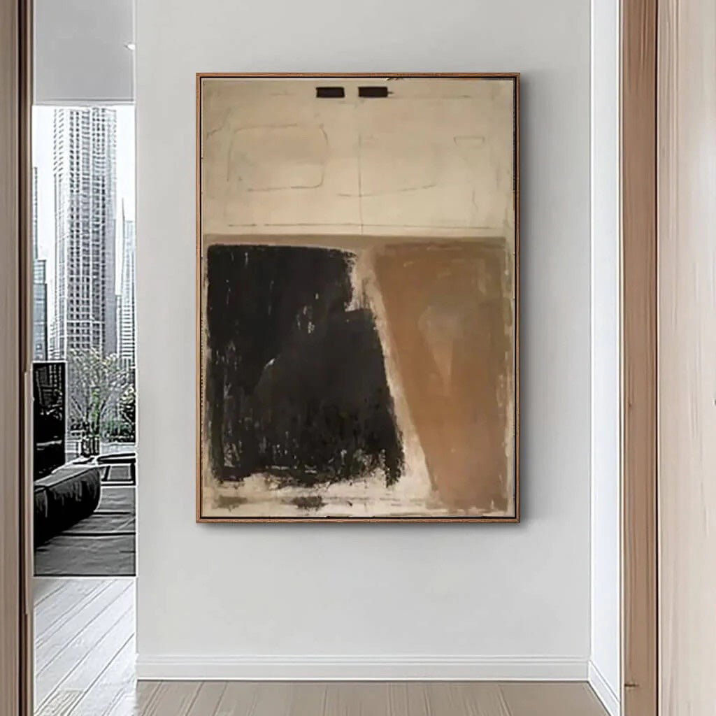 Textured Earth Tone Abstract Art Brown & Black Painting styled in a refined neutral room setting to show wall scale, calm proportion, and interior decor mood.