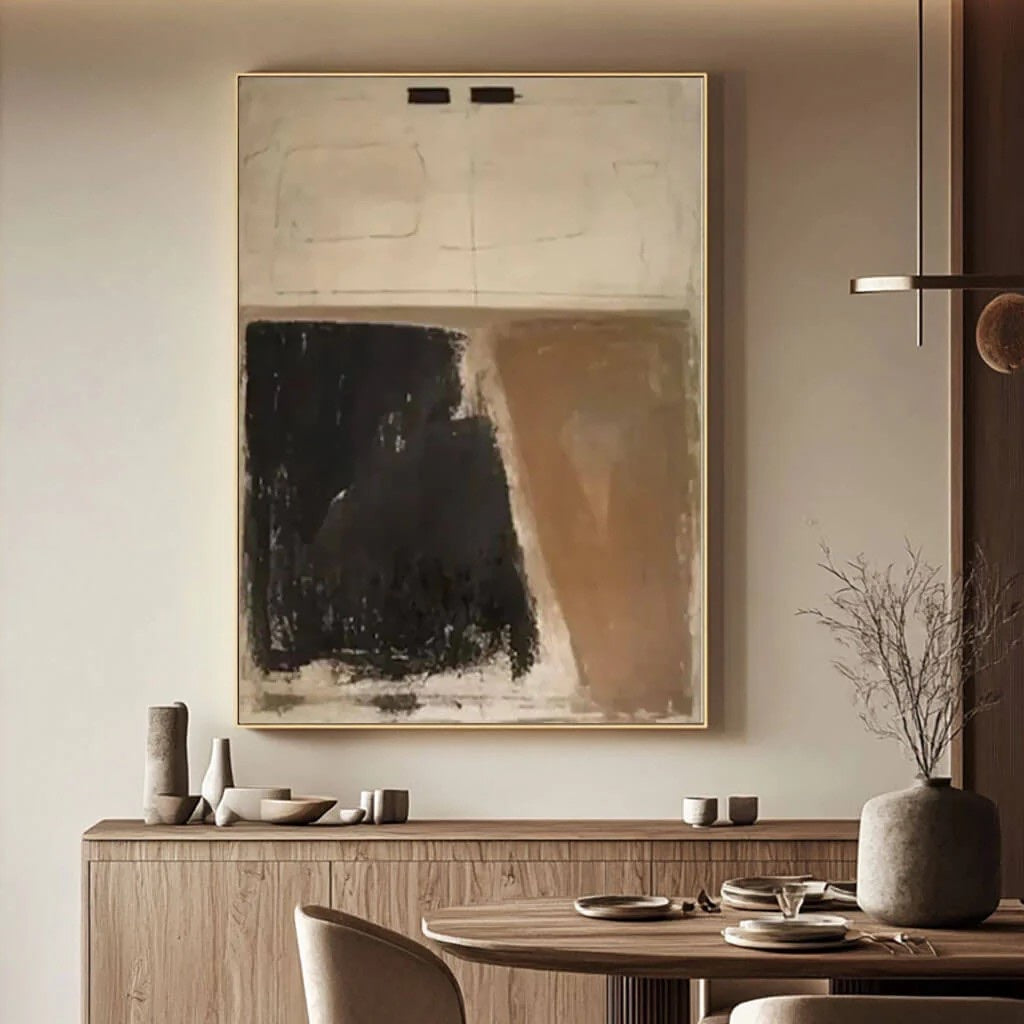 Textured Earth Tone Abstract Art Brown & Black Painting styled in a refined neutral room setting to show wall scale, calm proportion, and interior decor mood.