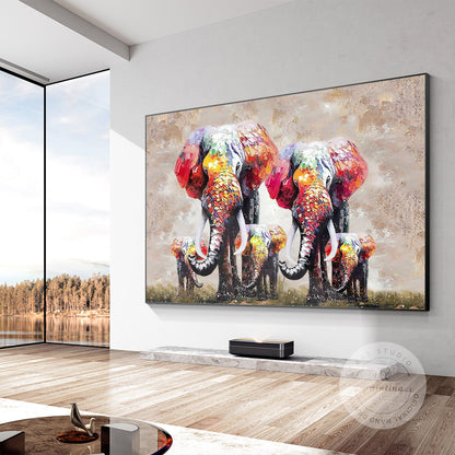 Textured Elephant Family Canvas Painting: Large Framed Wall Art #2