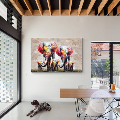 Textured Elephant Family Canvas Painting: Large Framed Wall Art #3